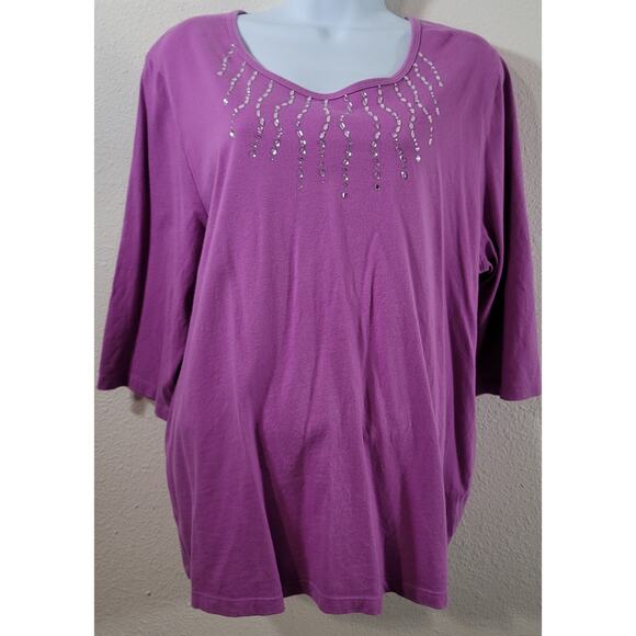 Liz & Me Purple Rhinestone Round Neck Top 14W 16W Plus Lightweight Soft Stretch - Picture 1 of 4